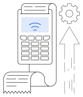 Faturalı ödeme terminali, kablosuz ikon, ok ve teçhizat teknolojiyi temsil ediyor, finansal büyüme, yenilik, dijital işlemler, verimlilik, modern perakende ve fintech basit bir dairede