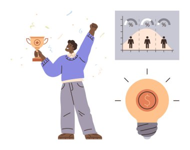 Bir kupa, istatistik veya başarı dağılımı grafiği ve dolar işaretli ampul ile kutlama başarıyı, başarıları, istatistikleri, liderliği, yeniliği temsil eden kişi