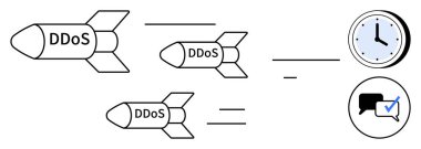 DDoS etiketli roketler saate ve mesaj simgelerine doğru uçuyor, siber saldırıları temsil ediyor zamanlamayı, iletişimi ve operasyonları bozuyor. Siber güvenlik, bilişim riskleri, savunma, ağ güvenliği için ideal