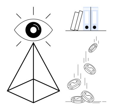 Göz piramidinin tepesine ışık saçan, bozuk paralar saçan ve düzgün yerleştirilmiş ofis klasörleri. Finans, bilgi, gözetim, mistisizm, yönetim ekonomisi verimliliği için idealdir. Minimalist düz