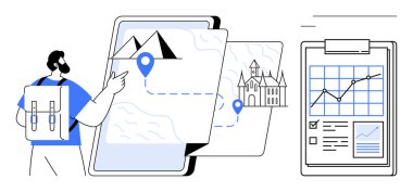 Sırt çantalı gezgin, veri ve ilerlemeyi takip eden bir pano eşliğinde kenar mahalleler ve iğnelerle dijital haritalara işaret ediyor. Seyahat, macera, planlama, navigasyon, turizm, teknoloji, gezi için ideal