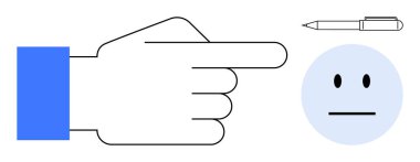 Tarafsız bir yüz ve kalemi işaret eden, odak, yön, karar verme, sorumluluk, rehberlik, içerik oluşturmayı temsil eden bir el. Liderlik stratejisi için ideal. Basit düz