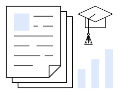 Eğitim konsepti. Belgeli eğitim, mezuniyet şapkası ve büyüme tabloları. Öğrenmeyi, mezuniyeti, başarıyı, kariyer ilerlemesini ve kendini geliştirmeyi görselleştiren eğitim