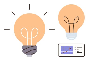Parlayan ampul, enerji tasarruflu ampul ve performans grafiği. Yenilik, yaratıcılık, enerji tasarrufu, sürdürülebilirlik ve veri analizi bilimi için idealdir. Basit düz metafor
