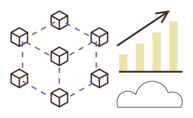Birbirine bağlı bloklar engelleme zincirini, yukarı doğru grafiği büyümeyi veya ilerlemeyi, bulut ise dijital çözümleri veya depolamayı temsil eder. Finans, teknoloji, yenilik, bağlantı, analiz için ideal