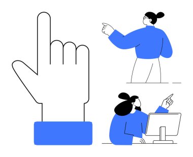 Birinde bilgisayarlı ve diğerinde el kol hareketi yapan iki kişinin yanı sıra yukarıya doğru işaret ediyor. Takım çalışması, iletişim, öğretim, teknoloji, tartışma için ideal