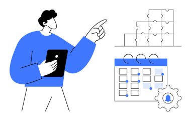 Görev yönetimi konsepti. Programlı görev yönetimi, teslim tarihleri ve bulmaca çözme ile bütünleşme. Görev yönetimi verimli planlama ve verimliliği destekler. İşletmeler için, proje