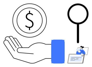 Finansal analiz. Parasal değeri olan dolar sembolü. Büyüteç ve bilgisayarda analiz yapan kişi finansal analizi vurguluyor. Fintech, ekonomi ve yatırımlar için uygun