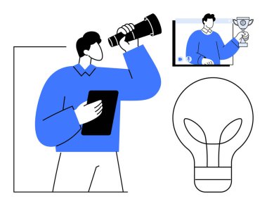 Teleskop ve tablet tutan adam, fikirleri sembolize eden ampul, başarı ve başarıyı simgeleyen ekrandaki ödül. Yenilik, liderlik, strateji, vizyon, hedefler, iş büyümesi için ideal