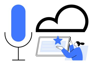 Mikrofon, bulut simgesi ve yıldız işaretli bir tabletle etkileşime giren kişi. Ses tanıma, veri depolama, dijital işbirliği, içerik oluşturma, kullanıcı geribildirimi, teknoloji için ideal