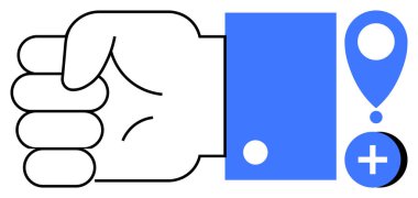 Navigasyon konsepti. Seyrüsefer, konum ve artı simgelerle birlikte el hareketiyle basitleştirildi. Dijital haritalar, yönler, GPS araçları ve kullanıcı arayüzleri için navigasyon desteği