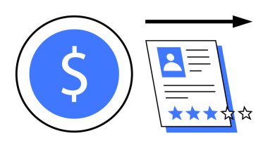 Üzerinde ilerlemeyi gösteren bir ok bulunan bir profil belgesinin yanında bir dolar para. İşe alım, finans, derecelendirme sistemleri, değerlendirme, iş yatırımı, kariyer büyümesi için ideal