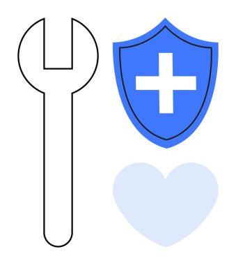 İngiliz anahtarı, haçlı mavi kalkan ve kalbi onarımı, güvenliği, sağlık hizmetini veya desteği sembolize ediyor. Araçlar, koruma, sağlık ekibi çalışması güvenlik refahı ve basit düz metafor için ideal