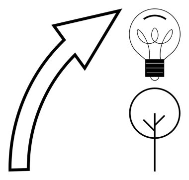 Kavisli ok yukarı doğru bir ampul ve soyut ağacın yanında. Büyüme, yenilik, sürdürülebilirlik, ilerleme, gelişme, ekoloji ve yaratıcılık için idealdir. Basit düz metafor