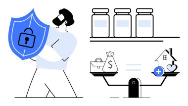 Mali güvenlik kavramı. Güvenli yatırımları olan bir kalkan. Pul, maddi güvenliğin altını çizerek, parayı hayati gereksinimler ve ilaçlarla karşılaştırıyor. Maliye, sigorta, sağlık hizmetleri için