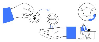 Kripto para birimi konsepti. Kripto para birimi jeton değişimi, tebligatlar ve teknolojiyle etkileşen bir kullanıcı ile gösterilir. Kripto para kullanım vakaları fintech, trade, engelleme zinciri