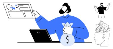 Dijital ekrandaki verileri analiz eden, para çantasını dizüstü bilgisayarın yanında tutan kişi. Yan unsurlar soyut fikirleri tasvir eder. Büyümeyi, stratejiyi ve yaratıcılığı destekler. Finans ve iş için ideal