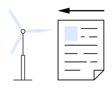Rüzgar enerjisi konsepti. Rüzgar türbini, bir belgenin yenilenebilir enerji ve sürdürülebilirlik girişimlerinin yanında. Rüzgar enerjisi, belgelerde çevre dostu teknolojileri teşvik eder. Yeşil enerji için