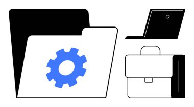 Dişli simgesi, dizüstü bilgisayar ve evrak çantalı klasör verimliliği, organizasyonu, dijital araçları, yönetimi, teknolojiyi, işbirliği ve profesyonel iş akışını sembolize eder. Takım çalışması için ideal.
