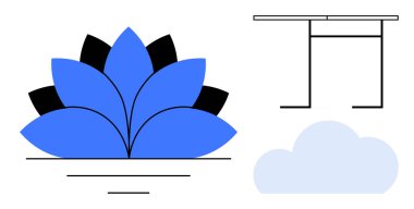 Mavi nilüfer çiçekleri ve yumuşak bulutlu siyah yapraklar, temiz torii kapı çizgileri. Zen, meditasyon, farkındalık, sakinlik, denge, doğa unsurları minimalizm için idealdir. Basit bir düz metafor.