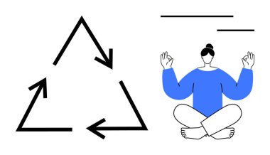 Mavi elbiseli birinin yanında oklar olan geri dönüşüm üçgeni bilinçli yaşam tarzını ve uyumu sembolize ediyor. Sürdürülebilirlik, farkındalık, refah, dengeli yaşam, ekolojik farkındalık için ideal