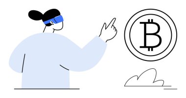 Sanal gerçeklik gözlüğü takan kişi bir Bitcoin ikonunu işaret ediyor, kripto para yeniliğini sembolize ediyor. Teknoloji, VR, kripto, engelleme zinciri, finans, dijital etkileşim ve gelecekçilik için ideal