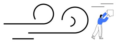 Rüzgar konsepti. Soyut minimalist çizgiler ve rüzgarlı koşullarda uçan bir nesneyi tutan bir insan tarafından esiyor. Rüzgâr çevresel güçleri ve hareketi. Hava, iklim, enerji, hareket, çevre için