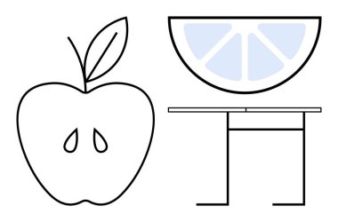 Tohumlu elma ve yaprak, dilimli narenciye dilimi ve geometrik tablo taslağı. Sağlık, gıda, minimalizm, doğa, geometri, denge ve yaratıcılık konuları için ideal basit düz metafor