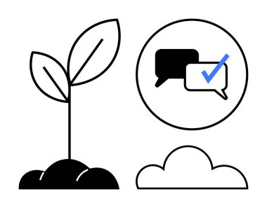 Toprak yakınında filizlenen bitki, çemberde işaretli sohbet baloncukları ve bulut. Büyüme, iletişim, başarı, bağlantı, takım çalışması ekoloji eğitimi için idealdir. Basit düz metafor