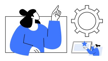 Kadın vites simgesinin yanında yukarı doğru hareket eder, yeniliği simgeler. Küçük figür tabletle meşgul, ilerleme, öğrenme ve başarı aktarıyor. Takım çalışması, üretkenlik, yaratıcılık stratejisi için ideal