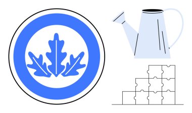 Sürdürülebilirlik kavramı. Sürdürülebilirlik bir meşe yaprağı sembolü, sulama kutusu ve yapboz parçalarıyla vurgulanmış. Sürdürülebilirlik çevre bakımını, büyümeyi ve takım çalışmasını teşvik eder. Ekoloji ve takım çalışması için.