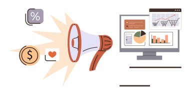 Analitik gösterge panelleri ve performans grafiklerini gösteren bir monitörle dolar, kalp ve yüzde için simge yayan megafon. Pazarlama, analitik, iş ve büyüme stratejisi için ideal