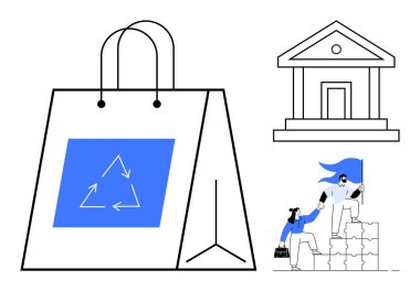 Geri dönüşüm logosuna sahip yeniden kullanılabilir alışveriş torbası, klasik hükümet yapısı ve istiflenmiş bloklar üzerinde işbirliği yapan iki figür. Sürdürülebilirlik, iş sorumluluğu, takım çalışması, yönetim için ideal