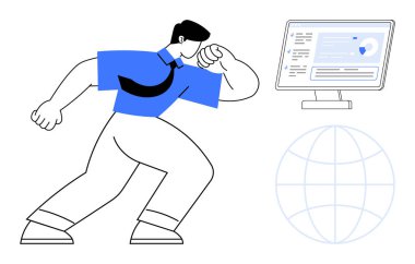 Resmi kıyafetli bir adam bilgisayar verilerini analiz ediyor. Küresel ağı temsil eden birbirine bağlı bir dünya. İş için ideal, analitik, takım çalışması, teknoloji, strateji, küreselleşme yeniliği. Basit düz