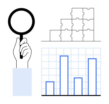 Veri analiz konsepti. Veri araçları, büyüteç, yapboz parçaları ve bar grafiği araştırmaları ve analizleri desteklemektedir. Ticarette, stratejide, karar verme sürecinde ve görselleştirmede gerekli veriler