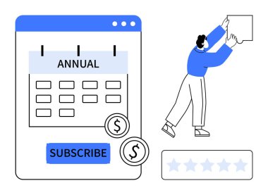 Abonelik konsepti. Etkileşimli özellikler ve ödeme simgeleriyle yıllık abonelik takvimi. E-ticaret, çevrimiçi araçlar, uygulamalar, müşteri desteği, geri bildirim sistemleri için abonelik hizmetleri