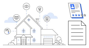 Modern ev, göz, ampul ve musluk simgeleri gibi akıllı cihazlara bağlı. Yakınlarda, inceleme ve belge kaliteli hizmetler olduğunu gösteriyor. İOT, otomasyon, gayrimenkul, inceleme teknolojisi için ideal.