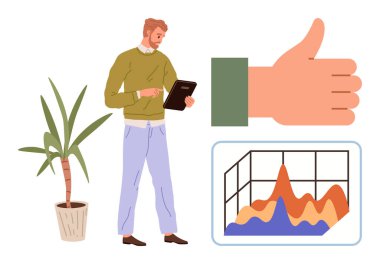Tableti grafik tablosuyla tutan ve başarıyı sembolize eden bir adam. Analiz, sosyal onay, iş büyümesi, üretkenlik, strateji, motivasyon için ideal, basit düz metafor