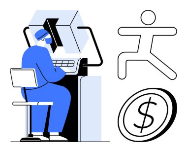 Bilgisayar kullanan bir tıp çalışanı, fiziksel aktiviteyi temsil eden soyut bir insan sembolü ve finansal yatırımı simgeleyen bir para. Sağlık, teknoloji, araştırma, fitness, yenilik için ideal