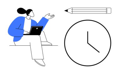 Kalem ve saatin yanında dizüstü bilgisayarı olan biri çalışmayı, yaratıcılığı ve zamanı vurguluyor. Üretim, planlama, zaman yönetimi, eğitim, iş dengesi ve son teslim tarihleri için ideal