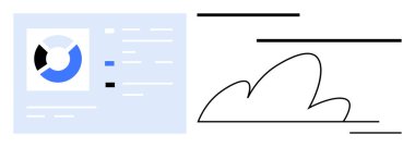 Soyut bulut grafikleri ve dinamik çizgilerin yanında turta grafiği ve istatistikleri olan veri paneli. Veri görselleştirme, bulut hesaplama, modern iş, analitik, teknoloji, ağ oluşturma, basit