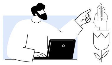 İş büyümesi konsepti. Dizüstü bilgisayarda çalışan ve büyüyen okları olan sembolik bir kafayı işaret eden bir adam. İş büyümesi, modern zihniyet ve yenilik kavramı. Girişimler, girişimcilik için