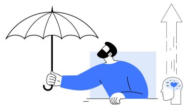 Korunmak için açık şemsiye tutan bir adam, kalbi olan bir insan kafası, yukarı doğru büyümeyi işaret eden bir ok. Güvenlik, bakım, destek, akıl sağlığı, liderlik yeniliği için ideal. Düz metafor