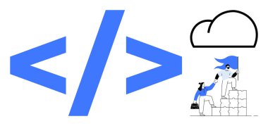 HTML kod sembolü, bulut grafiği ve istiflenmiş bloklar üzerinde işbirliği yapan iki kişi. Kodlama, takım çalışması, bulut teknolojisi, yenilik, destek, dijital dönüşüm için ideal basit düz metafor