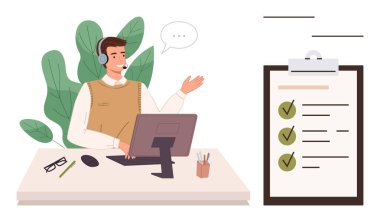 Masaüstü bilgisayarı üzerinde çalışırken kulaklık takan adam listeli panonun yanında çalışıyor. İletişim, müşteri hizmetleri, üretkenlik, görev yönetimi, takım çalışması, uzaktan çalışma için ideal