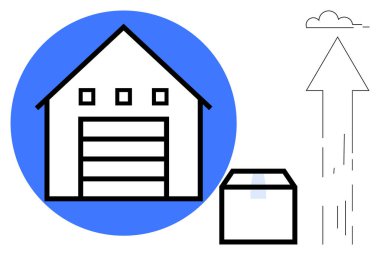 Lojistik, kargo, bulut depolama, veri transferi, teknolojik entegrasyon, e-ticaret ve tedarik zincirini temsil eden bir buluta işaret eden bir depo. Basit bir daire.