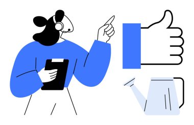 Müşteri destek konsepti. Kulaklık takan bir menajer, pano, baş parmak işareti ve sulama kutusu ikonu olan müşteri merkezli bir tema. Müşteri desteği, takım çalışması ve iletişim. Hizmet için uygun