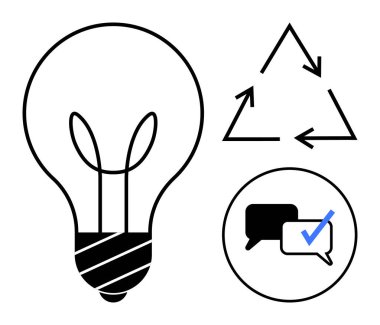 Yaratıcılık için ampul, sürdürülebilirlik için geri dönüşüm üçgeni iletişim işaretli sohbet baloncukları. Yenilik, çevrecilik, beyin fırtınası, diyalog, problem çözme için ideal