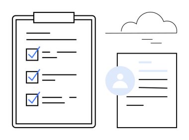 Kontrol listesi olan pano, belgede kullanıcı profili ve veri paylaşımı için bulut simgesi. Üretkenlik, yönetim, organizasyon, veri depolama, iş akışı HR asgari tasarım için ideal. Basit düz metafor