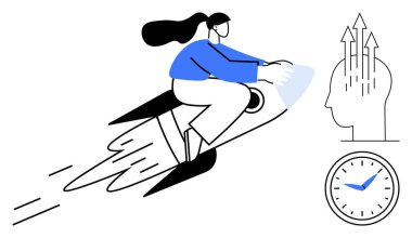 İş büyümesi. Roket işi büyümesi ve yenilik peşinde koşan bir kadın. Saat ve yukarı bakan oklar verimliliği ve ilerlemeyi gösteriyor. Liderlik, girişimler, beyin fırtınası, zaman yönetimi, yenilik